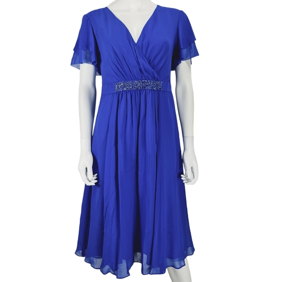 Elegance Dresses & Skirts - Elegance Blue Short Sleeve Occasion Party Dress UK 12 100% Silk Beaded